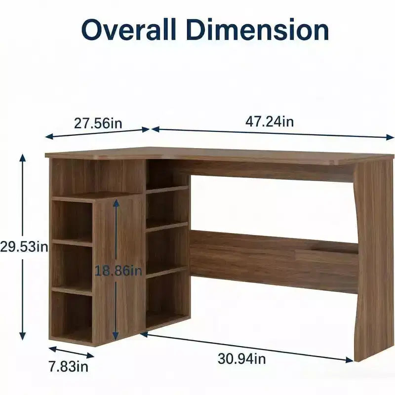 Bureau d'angle en L avec étagères de rangement à trois niveaux ; petit bureau d'angle pliable