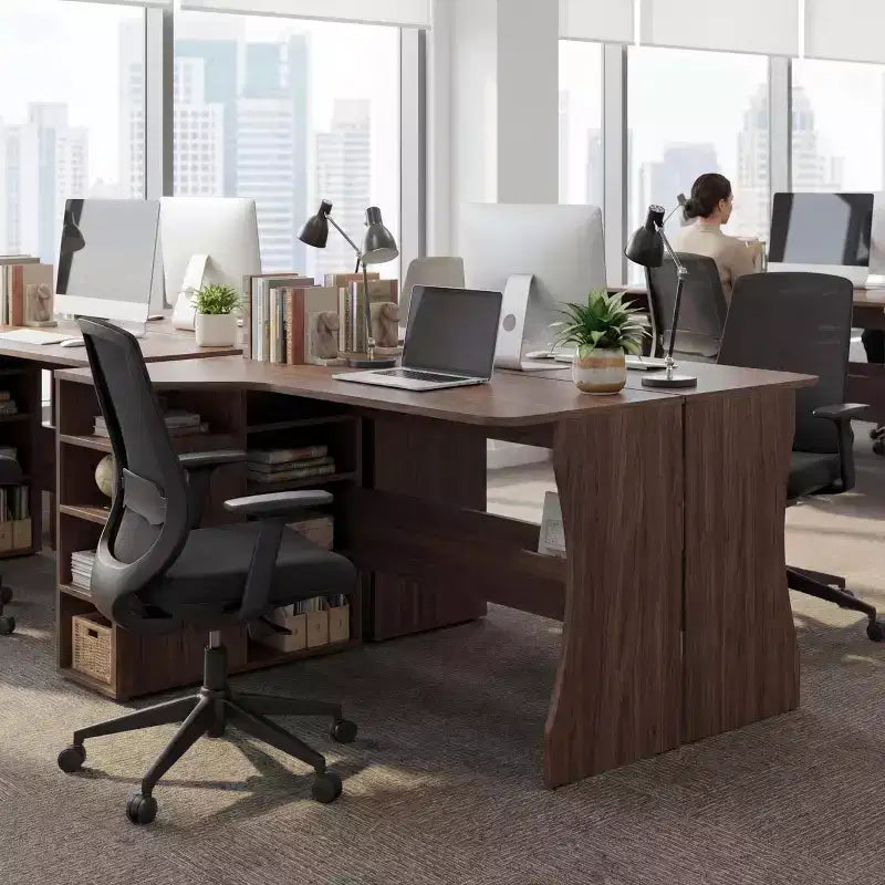 Bureau d'angle en L avec étagères de rangement à trois niveaux ; petit bureau d'angle pliable