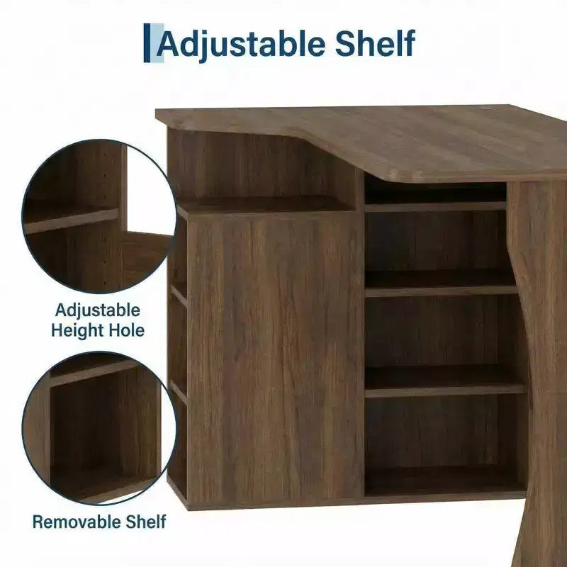 Bureau d'angle en L avec étagères de rangement à trois niveaux ; petit bureau d'angle pliable
