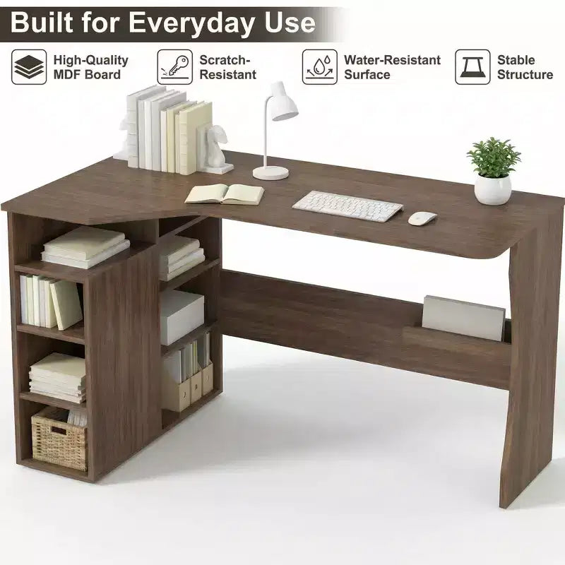 Bureau d'angle en L avec étagères de rangement à trois niveaux ; petit bureau d'angle pliable