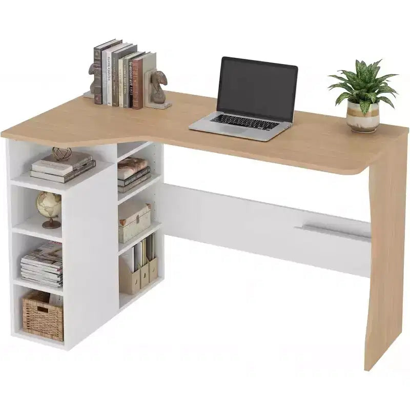 Bureau d'angle en L avec étagères de rangement à trois niveaux ; petit bureau d'angle pliable