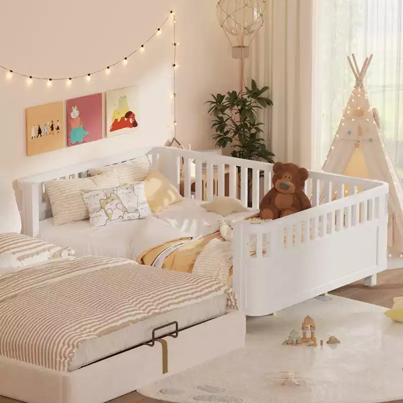 Lit plateforme en bois blanc grandeur queen, profil bas, avec barrières amovibles, lit sécuritaire pour filles et garçons