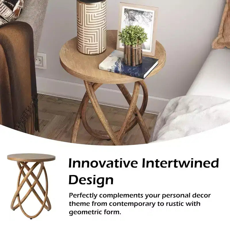 Table d'appoint ronde avec piètement entrelacé pour salon, Noyer