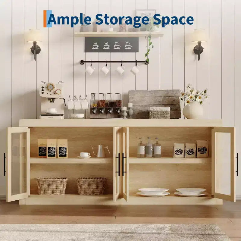 Bahut contemporain avec portes vitrées et plateau en bois épais