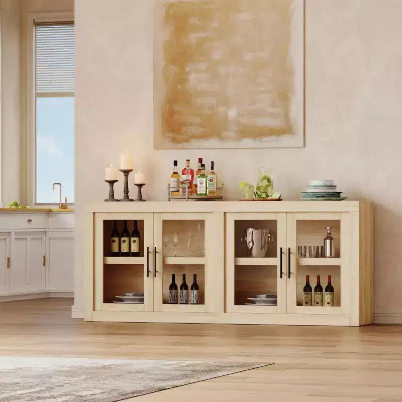 Bahut contemporain avec portes vitrées et plateau en bois épais