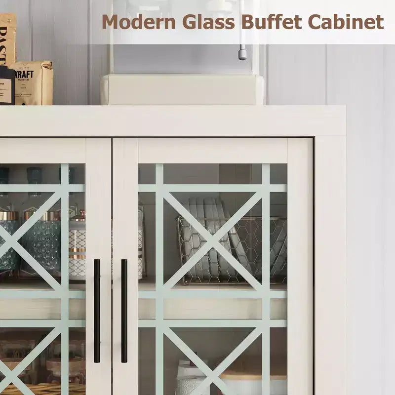 Bahut contemporain avec portes vitrées et plateau en bois épais