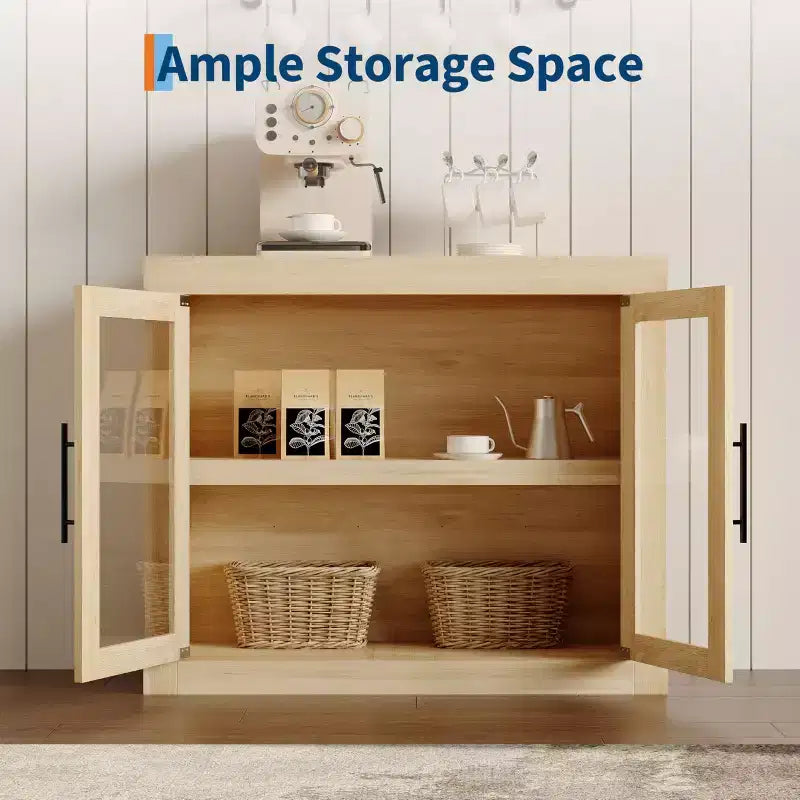 Bahut contemporain avec portes vitrées et plateau en bois épais