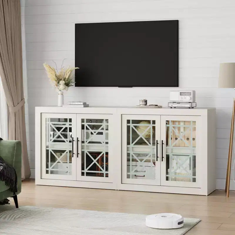 Bahut contemporain avec portes vitrées et plateau en bois épais