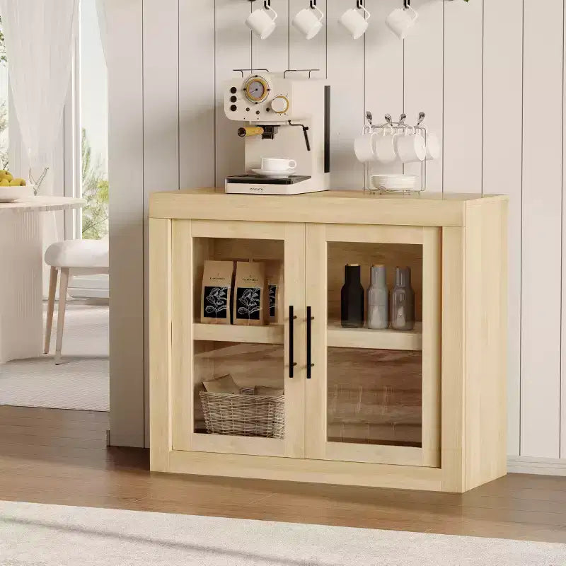 Bahut contemporain avec portes vitrées et plateau en bois épais