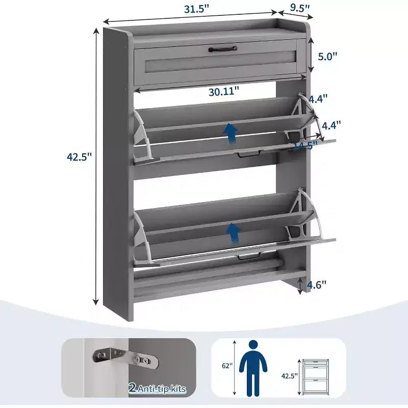 Meuble de rangement à chaussures autoportant avec 2 tiroirs basculants pour entrée, couloir, salon