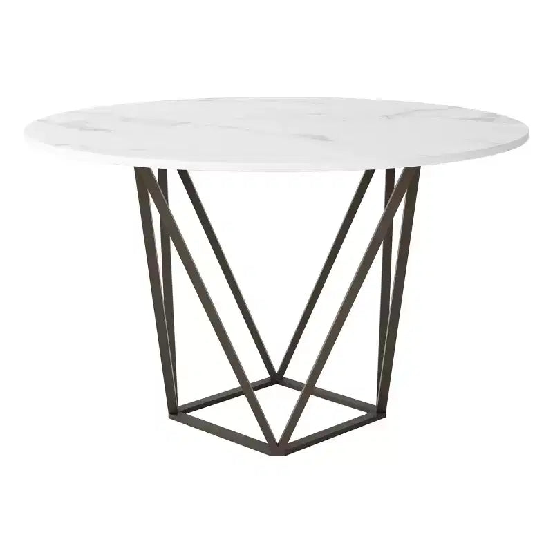 Table à manger ronde en pierre avec base en acier laitonné antique, quatre places, non extensible