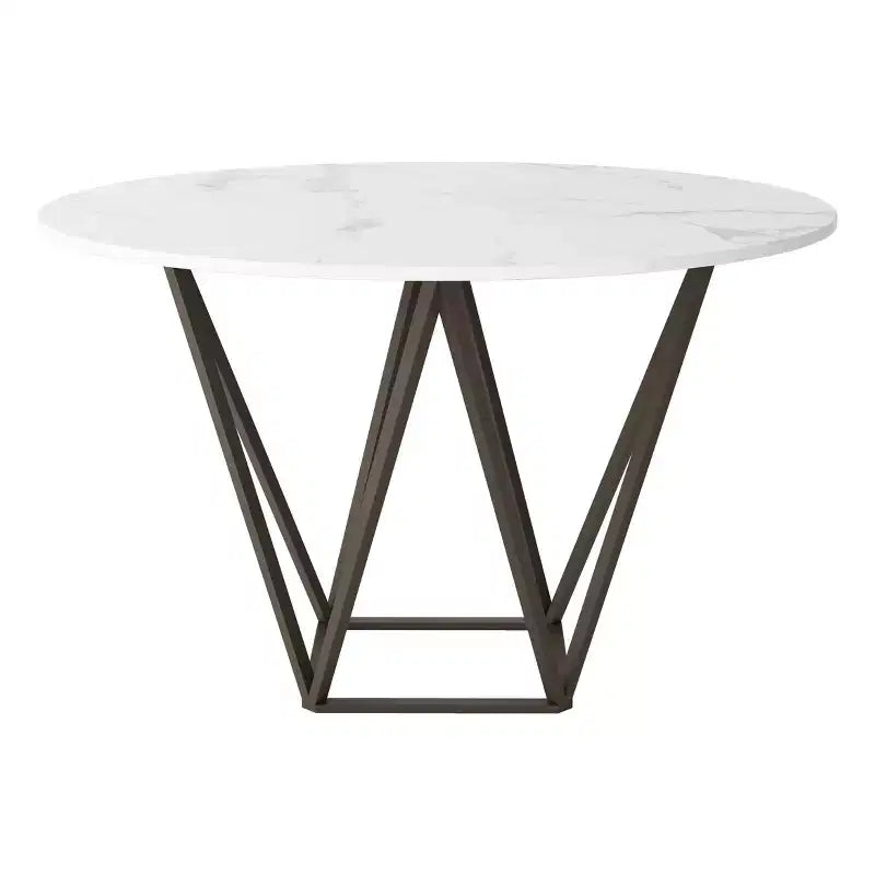 Table à manger ronde en pierre avec base en acier laitonné antique, quatre places, non extensible