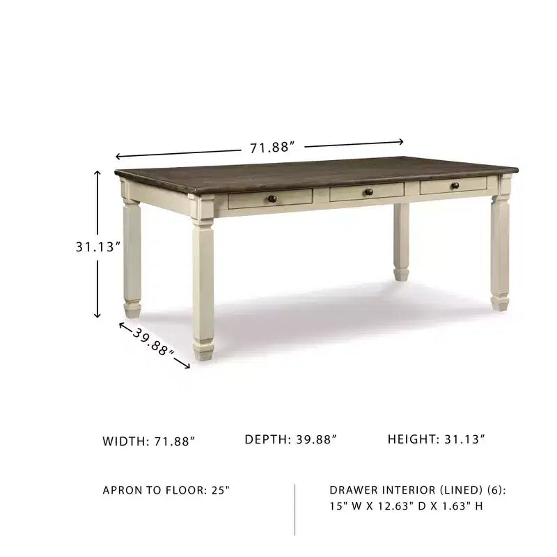 Table de salle à manger crème 6 tiroirs, plateau en planches rustiques