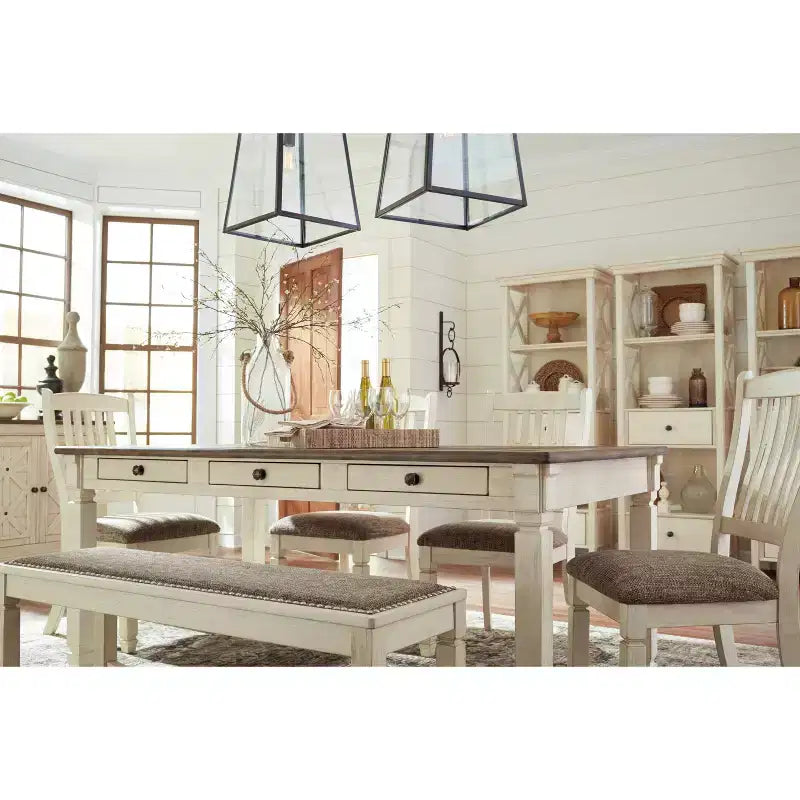 Table de salle à manger crème 6 tiroirs, plateau en planches rustiques