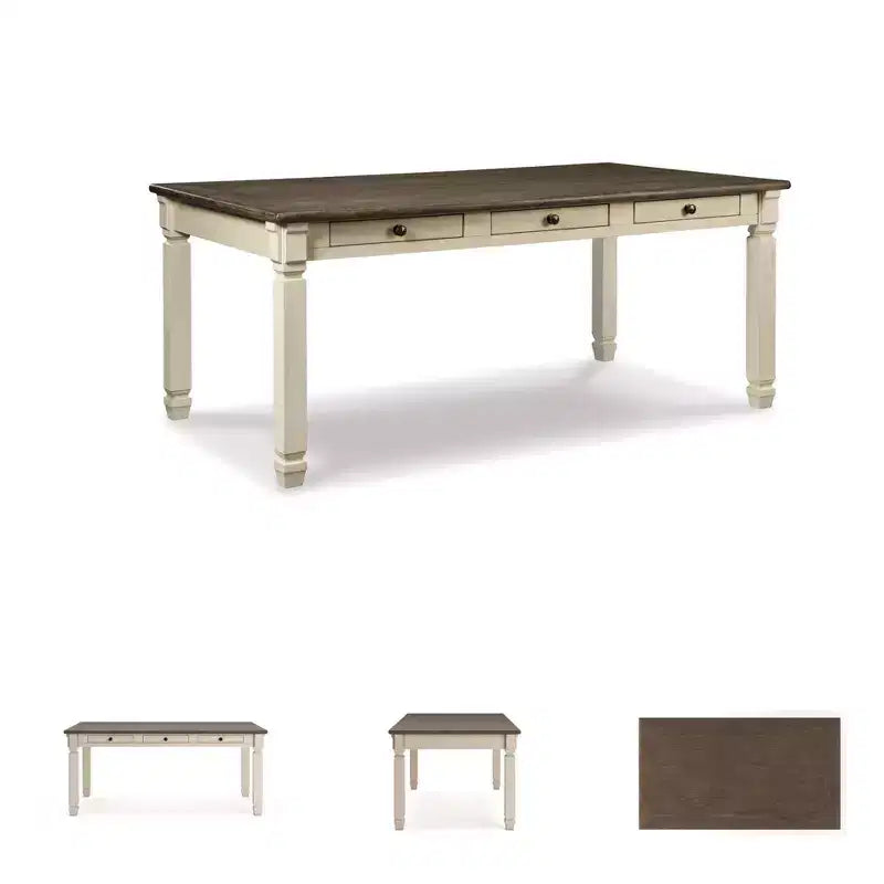 Table de salle à manger crème 6 tiroirs, plateau en planches rustiques