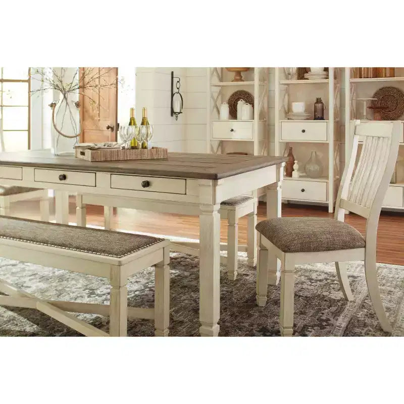 Table de salle à manger crème 6 tiroirs, plateau en planches rustiques