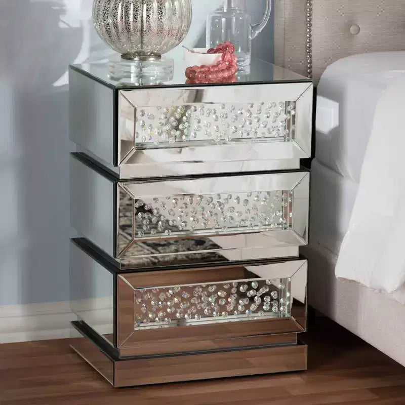 Table de chevet à 3 tiroirs Style Mirrored