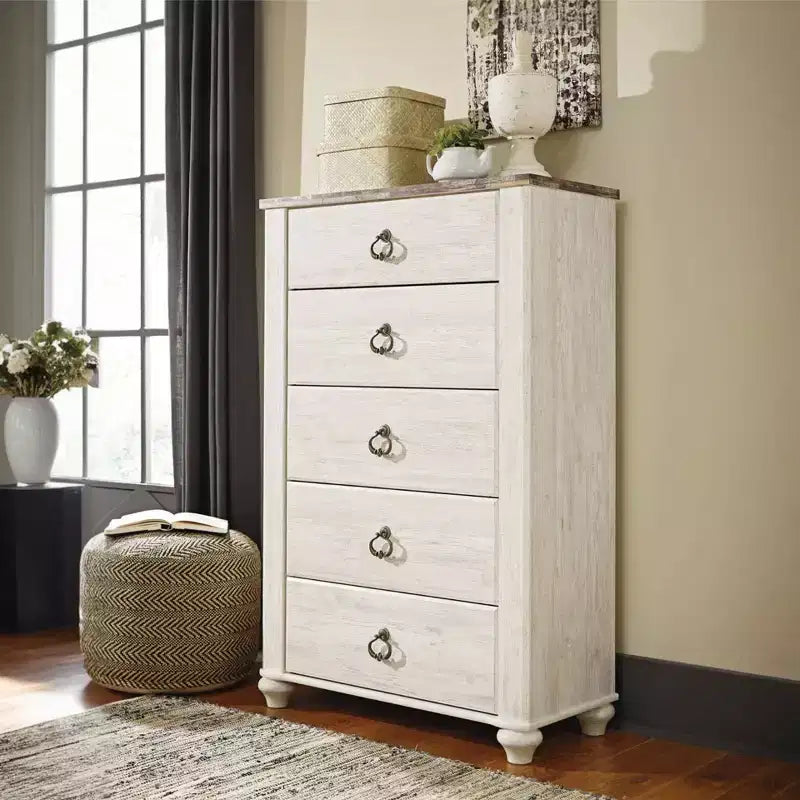 Commode crème : commode en bois à 5 tiroirs pour chambre à coucher
