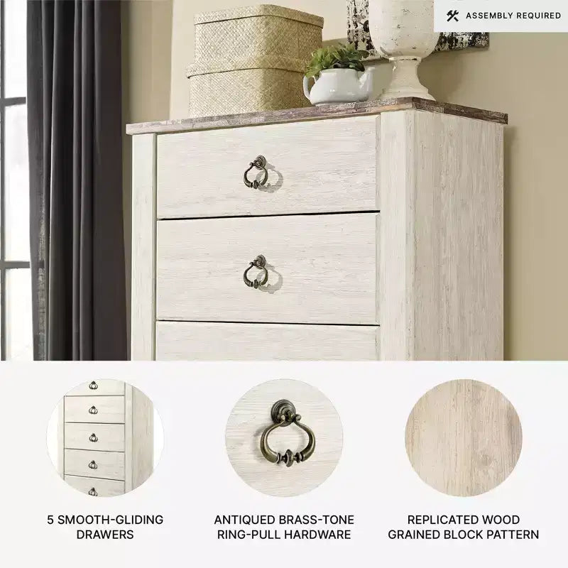 Commode crème : commode en bois à 5 tiroirs pour chambre à coucher