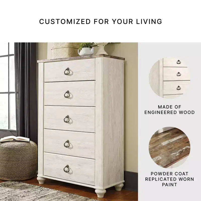 Commode crème : commode en bois à 5 tiroirs pour chambre à coucher