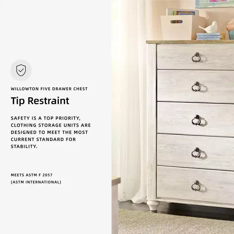 Commode crème : commode en bois à 5 tiroirs pour chambre à coucher