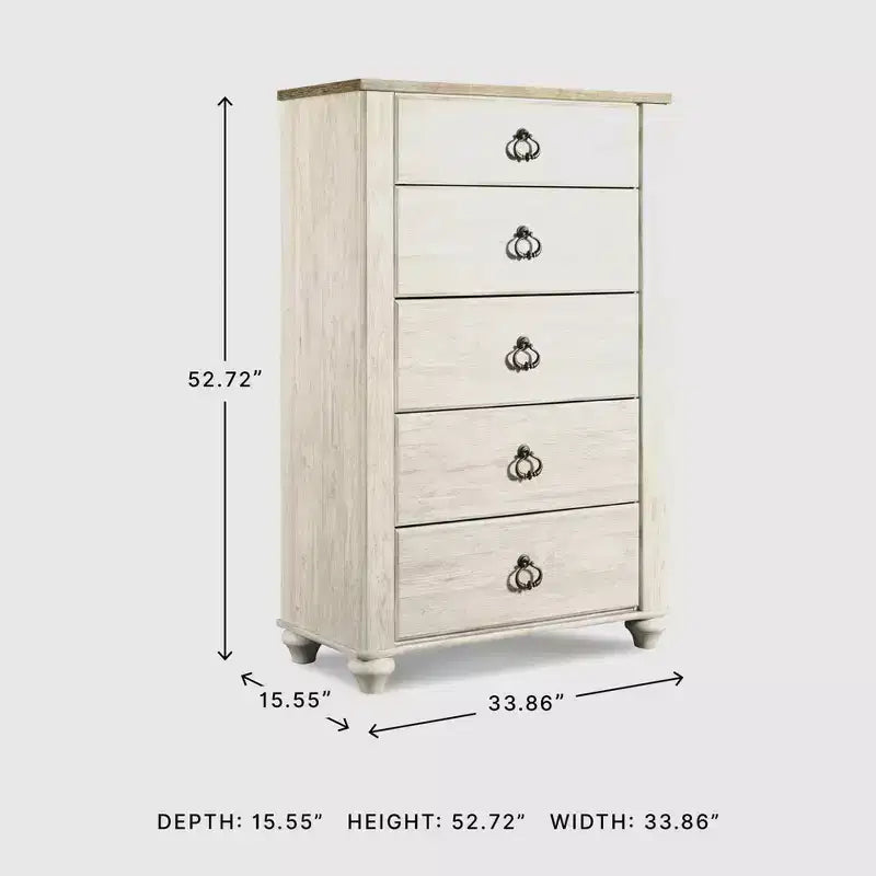 Commode crème : commode en bois à 5 tiroirs pour chambre à coucher