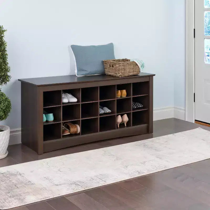 Banc de rangement à chaussures Cubbie marron expresso, organiseur d'entrée, 18 compartiments